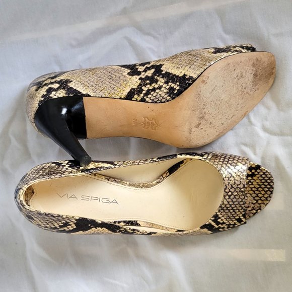 VIA SPIGA Brown Cream Gold Snakeskin Leather Peep Toe Pumps Heels 7 - Picture 4 of 4